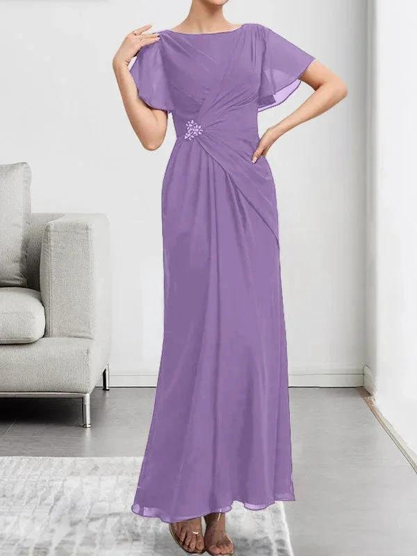 A-line Scoop Ankle-Length Chiffon Mother of the Bride Dress With Beading Pleated by Dreamylily