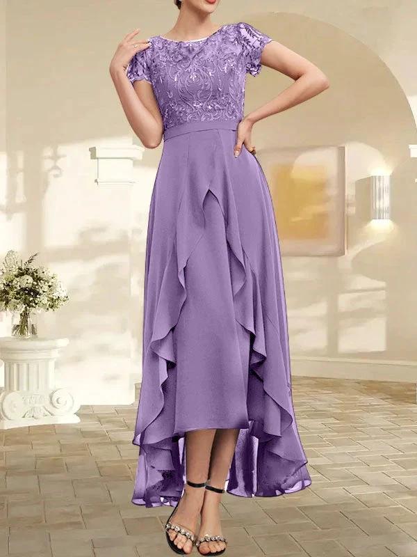 A-line Scoop Illusion Asymmetrical Chiffon Lace Mother of the Bride Dress With Bow Ruffle Sequins by Dreamylily