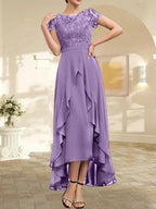 A-line Scoop Illusion Asymmetrical Chiffon Lace Mother of the Bride Dress With Bow Ruffle Sequins by Dreamylily