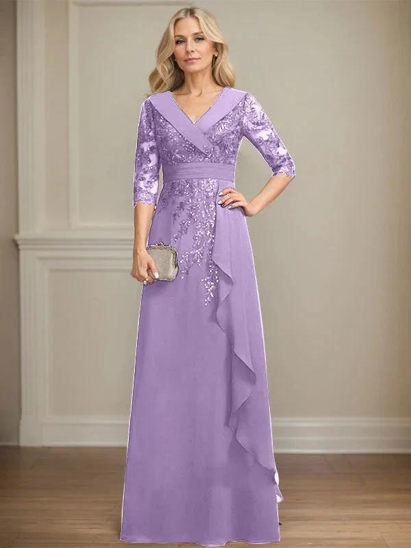 A-line Collared V-Neck Floor-Length Lace Chiffon Mother of the Bride Dress With Sequins Cascading Ruffles by Dreamylily