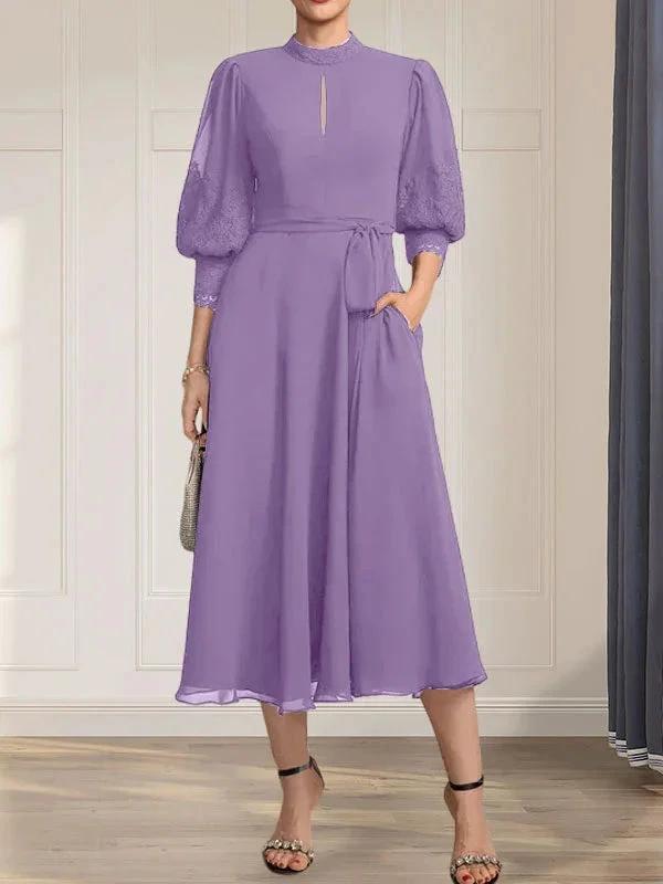 A-line High Neck Tea-Length Lace Chiffon Mother of the Bride Dress With Bow by Dreamylily