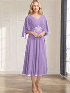 A-line V-Neck Tea-Length Chiffon Mother of the Bride Dress With Pleated Sequins Appliques Lace Beadind by Dreamylily
