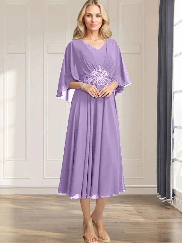 A-line V-Neck Tea-Length Chiffon Mother of the Bride Dress With Pleated Sequins Appliques Lace Beadind by Dreamylily