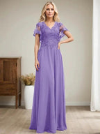 A-line V-Neck Floor-Length Lace Chiffon Mother of the Bride Dress With Sequins by Dreamylily