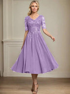 A-line V-Neck Tea-Length Lace Chiffon Mother of the Bride Dress With Sequins by Dreamylily