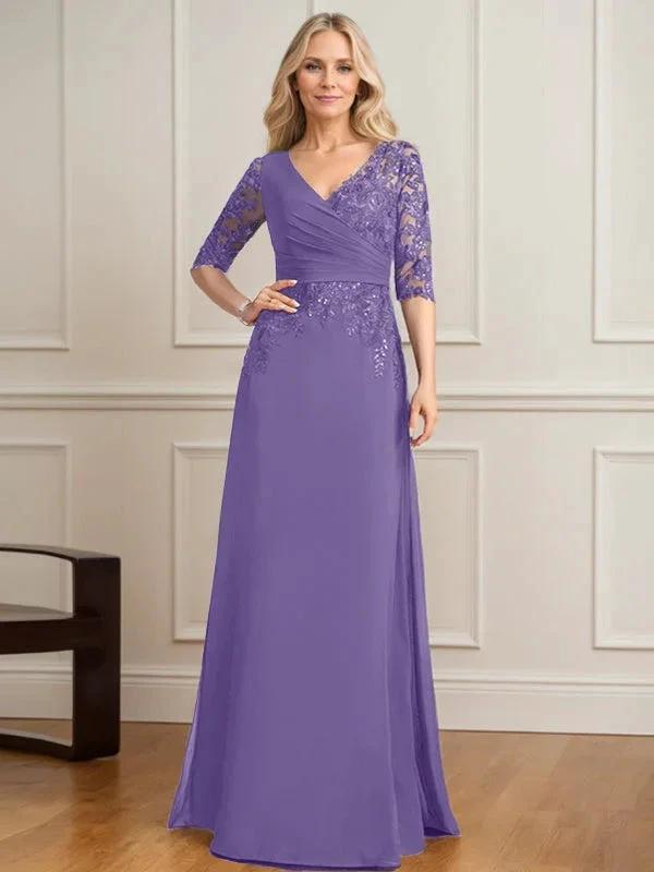 A-line V-Neck Floor-Length Lace Chiffon Mother of the Bride Dress With Pleated Sequins by Dreamylily