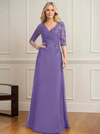 A-line V-Neck Floor-Length Lace Chiffon Mother of the Bride Dress With Pleated Sequins by Dreamylily