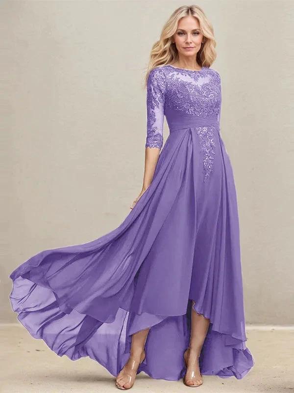 A-line Scoop Illusion Asymmetrical Lace Chiffon Mother of the Bride Dress With Pleated Sequins by Dreamylily