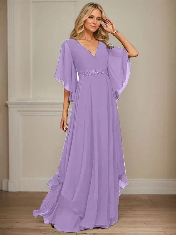 A-line V-Neck Floor-Length Chiffon Mother of the Bride Dress With Sequins Appliques Lace Beading by Dreamylily