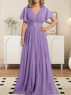 A-line V-Neck Floor-Length Chiffon Mother of the Bride Dress With Crystal Brooch Pleated by Dreamylily