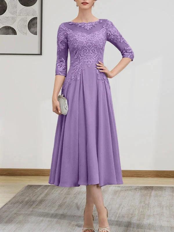 A-line Scoop Illusion Tea-Length Chiffon Lace Mother of the Bride Dress With Beading Sequins by Dreamylily