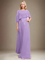 A-line Scoop Floor-Length Chiffon Lace Mother of the Bride Dress With Sequins Beading by Dreamylily