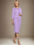 Sheath/Column Scoop Knee-Length Chiffon Lace Mother of the Bride Dress With Beading by Dreamylily