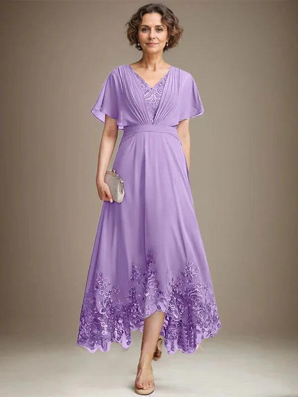 A-line V-Neck Asymmetrical Lace Chiffon Mother of the Bride Dress With Pleated by Dreamylily