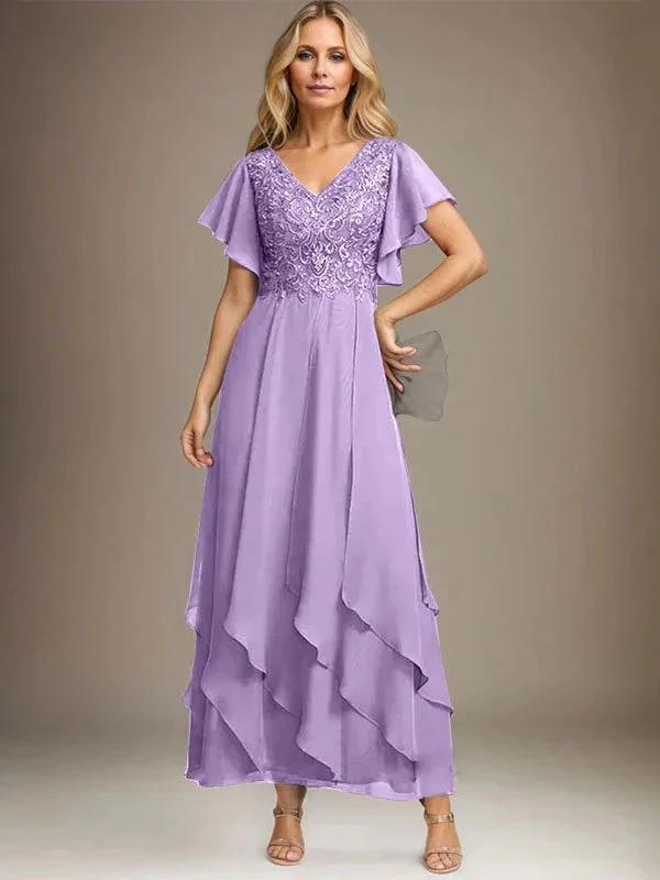 A-line V-Neck Ankle-Length Lace Chiffon Mother of the Bride Dress With Cascading Ruffles by Dreamylily