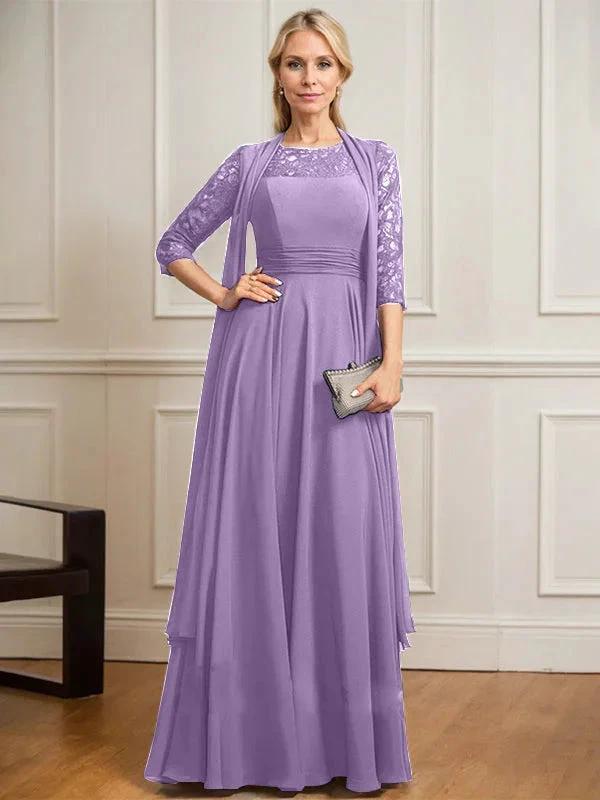 A-line Scoop Illusion Floor-Length Lace Chiffon Mother of the Bride Dress With Pleated by Dreamylily