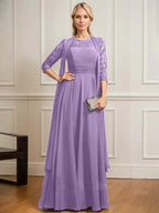 A-line Scoop Illusion Floor-Length Lace Chiffon Mother of the Bride Dress With Pleated by Dreamylily