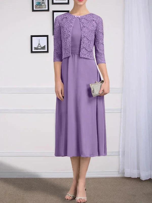 A-line Scoop Tea-Length Chiffon Mother of the Bride Dress With Pleated by Dreamylily