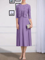 A-line Scoop Tea-Length Chiffon Mother of the Bride Dress With Pleated by Dreamylily