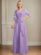A-line V-Neck Floor-Length Lace Chiffon Mother of the Bride Dress With Cascading Ruffles Sequins by Dreamylily