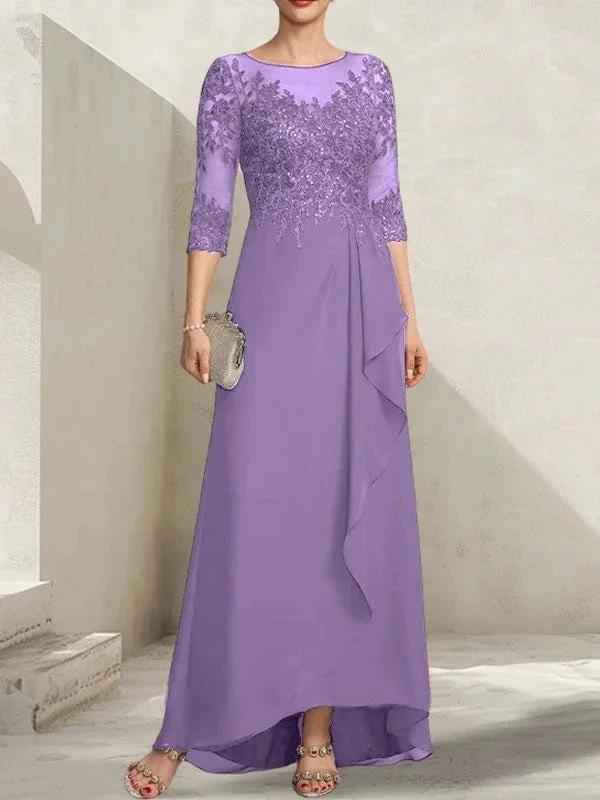 A-line Scoop Illusion Asymmetrical Lace Chiffon Mother of the Bride Dress With Sequins Cascading Ruffles by Dreamylily