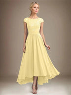 A-line Scoop Illusion Asymmetrical Lace Chiffon Mother of the Bride Dress With Pleated by Dreamylily