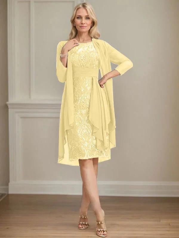 Sheath/Column Scoop Illusion Knee-Length Lace Chiffon Mother of the Bride Dress With Cascading Ruffles Sequins by Dreamylily