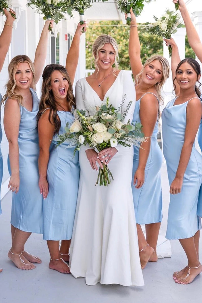 Light Blue Cowl Neck Straps Calf-Length Bridesmaid Dress  BD113 Hover Image
