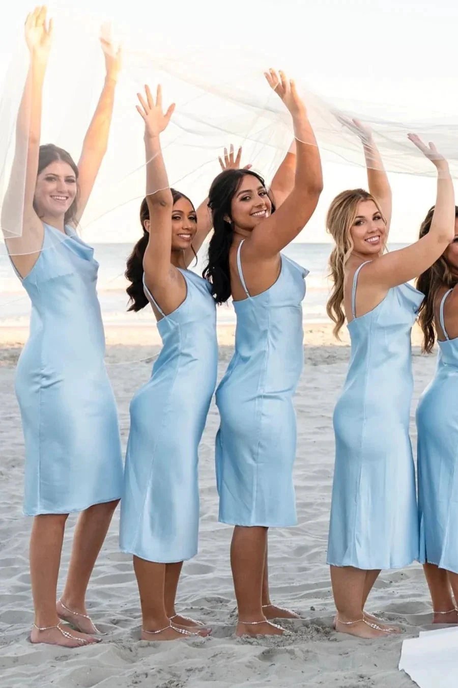 Light Blue Cowl Neck Straps Calf-Length Bridesmaid Dress BD113 by pgmdress