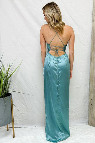 Hellblaues langes Ballkleid mit Wasserfallausschnitt, gedrehtem Knoten und Schlitz, PSK430