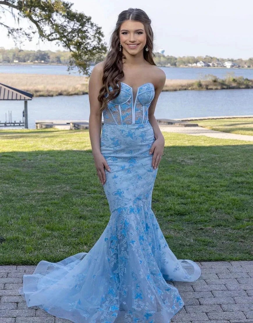 Ruth | Light Blue Gougeous Strapless Long Prom Dress With Appliques by KissProm