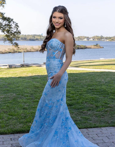 Ruth | Light Blue Gougeous Strapless Long Prom Dress With Appliques