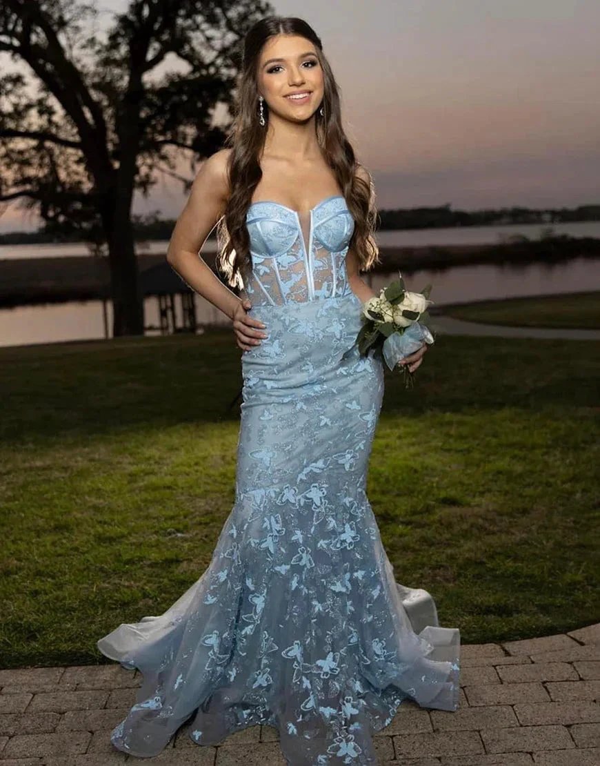 Ruth | Light Blue Gougeous Strapless Long Prom Dress With Appliques by KissProm