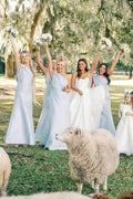 Light Blue One Shoulder Satin Sheath Long Bridesmaid Dress BD133 by pgmdress