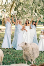 Light Blue One Shoulder Satin Sheath Long Bridesmaid Dress BD133 by pgmdress