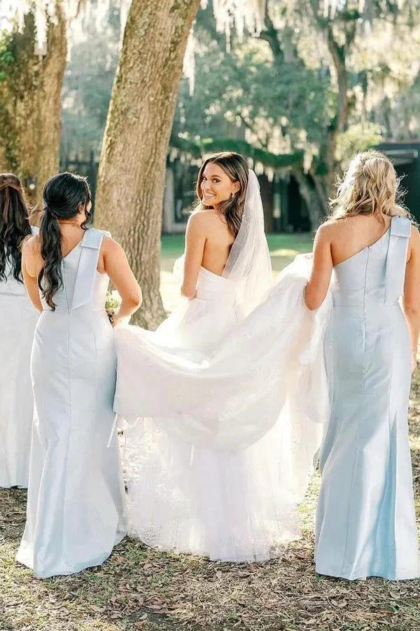 Light Blue One Shoulder Satin Sheath Long Bridesmaid Dress BD133 by pgmdress