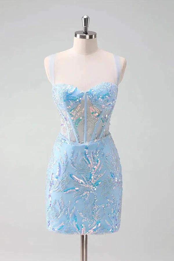 Light Blue Sequined Embroidery Tight Corset Homecoming Dress PD562 by pgmdress