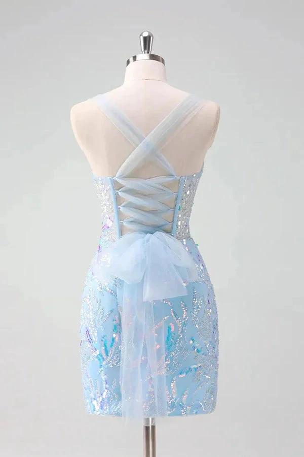 Light Blue Sequined Embroidery Tight Corset Homecoming Dress PD562 by pgmdress