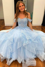 Light Blue Tulle Off-the-Shoulder Tiered A-Line Prom Evening Dress PSK400 by pgmdress
