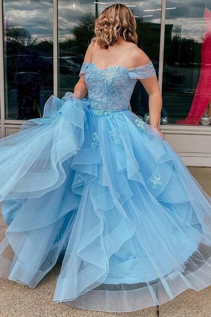 Light Blue Tulle Off-the-Shoulder Tiered A-Line Prom Evening Dress PSK400 by pgmdress