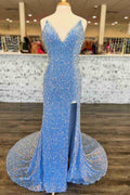 Light Blue Sequin Prom Dress With Slit SYP151 by vivymakudress