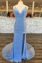 Light Blue Sequin Prom Dress With Slit SYP151 by vivymakudress