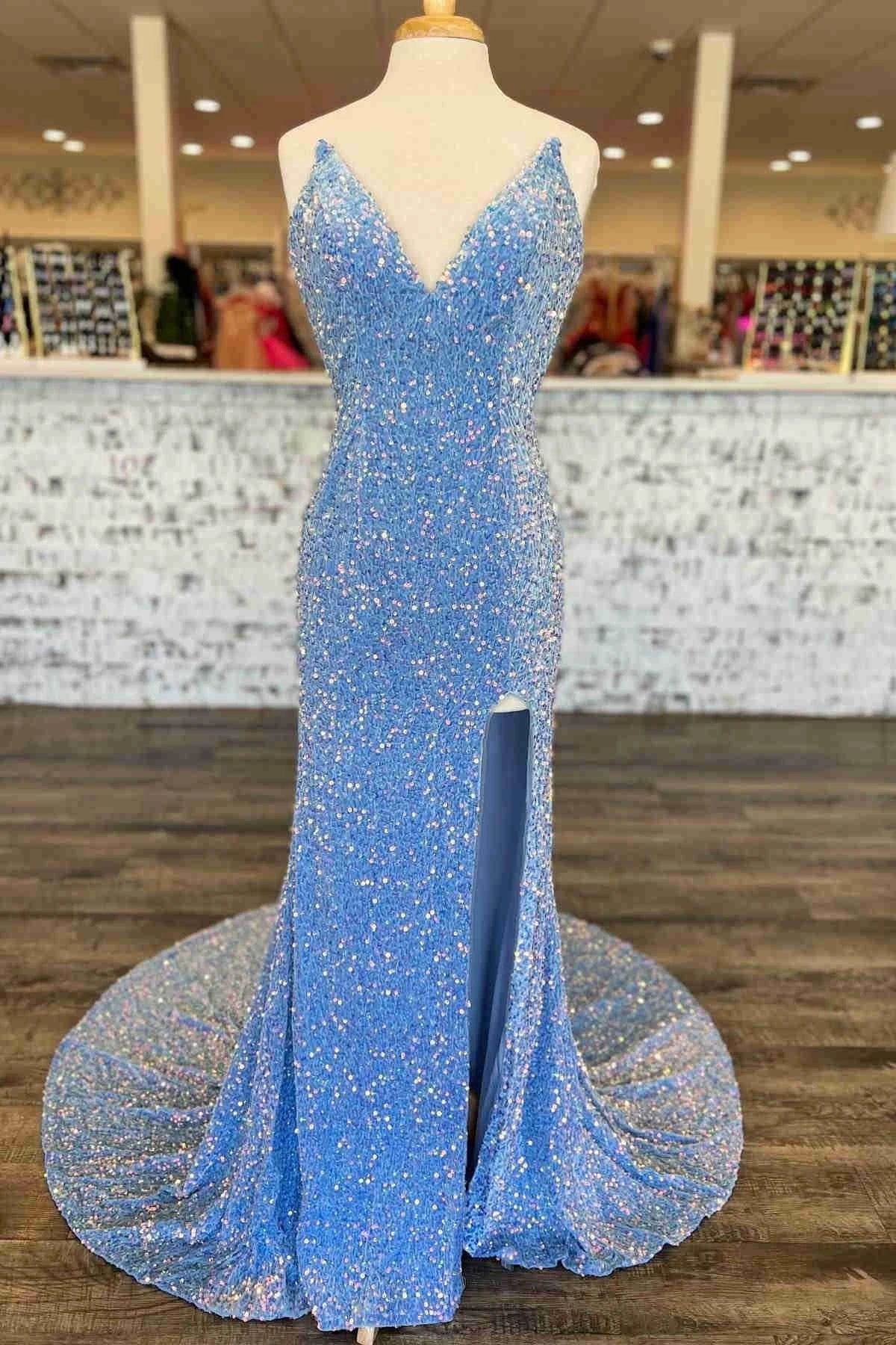 Light Blue Sequin Prom Dress With Slit SYP151 by vivymakudress