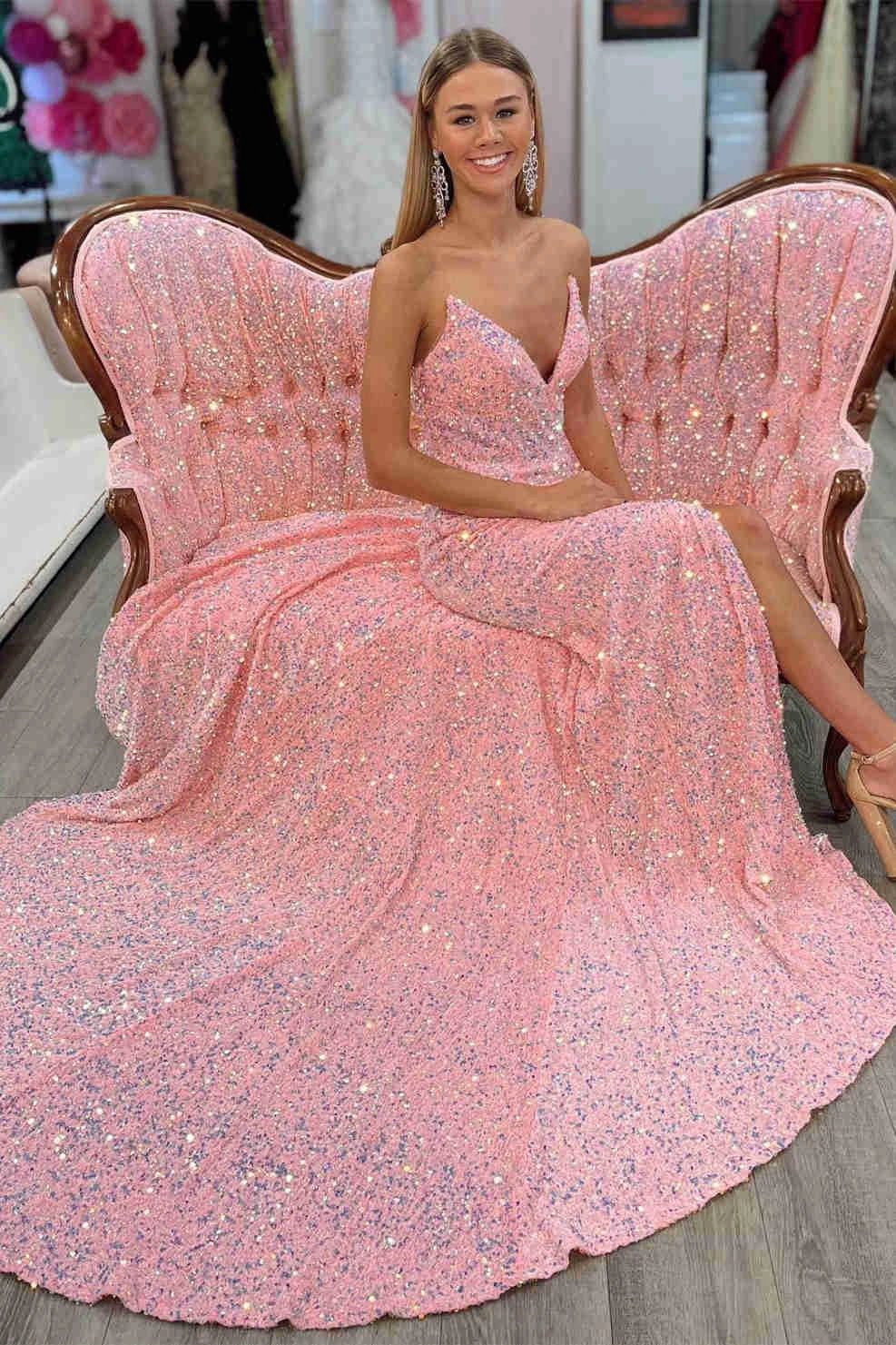 Light Blue Sequin Prom Dress With Slit SYP151 by vivymakudress