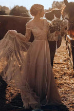 Light Brown Long Sleeve Boho Wedding Dress Rustic Wedding Dress WD741 by pgmdress