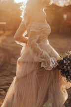 Light Brown Long Sleeve Boho Wedding Dress Rustic Wedding Dress WD741 by pgmdress