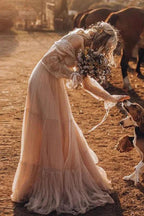 Light Brown Long Sleeve Boho Wedding Dress Rustic Wedding Dress WD741 by pgmdress