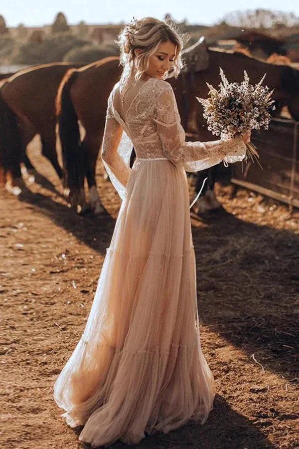 Light Brown Long Sleeve Boho Wedding Dress Rustic Wedding Dress WD741 by pgmdress