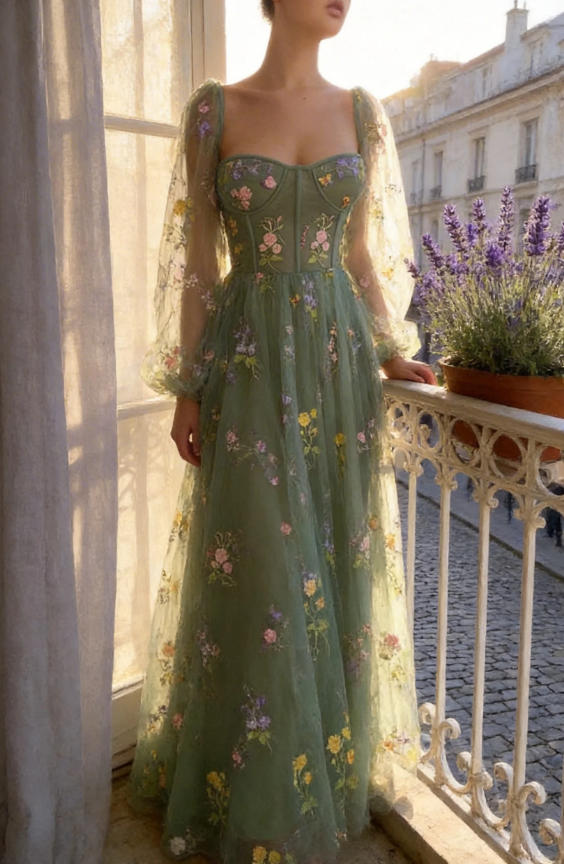 Light Green Embroidered Tulle dress Evening Dress Puffy Long Sleeve PSK304 by pgmdress