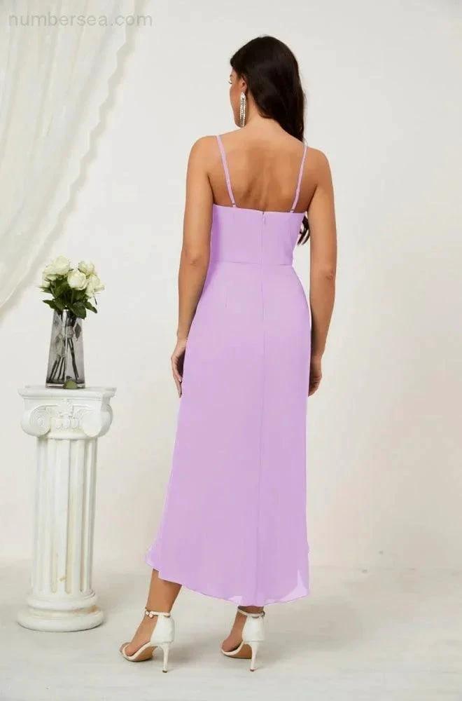 Numbersea Spaghetti Chiffon V Neck Bridesmaid Dress Mid-Length Slit Formal Prom Dress Homecoming Dress 2803 by numbersea
